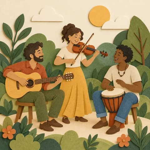 Ilustración de un grupo tocando guitarra, violín y tambor de mano.