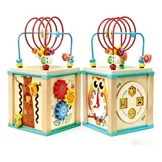 Cubo Madera Didáctico 5 En 1 Reloj Ábaco Motricidad Fina