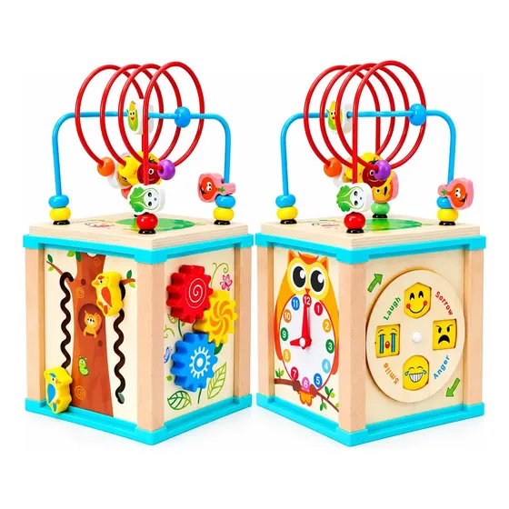 Juego Cubo De Madera Didáctico 5 En 1 Prono Reloj Abaco Juguete Color Colores Vivos estimulacion temprana motricidad fina tienda cracovia
