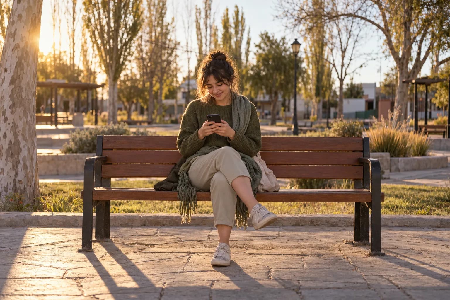 Una joven sentada en un banco de plaza usa el celular con calma.