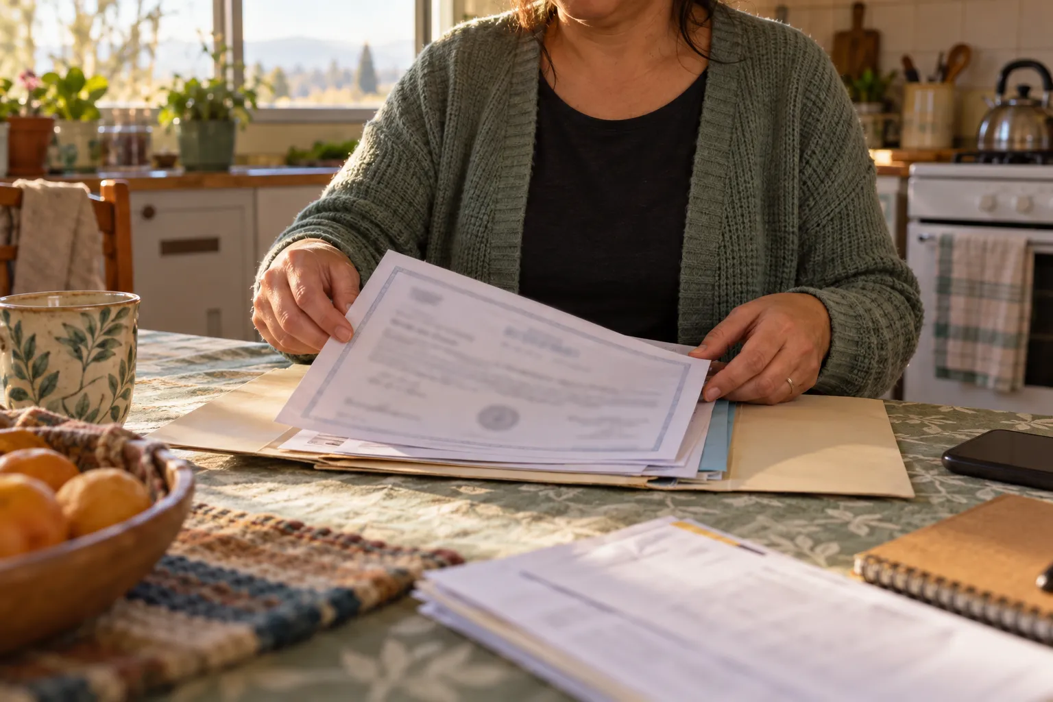Manos de una persona adulta ordenan un certificado y otros papeles en una carpeta sobre la mesa de la cocina.