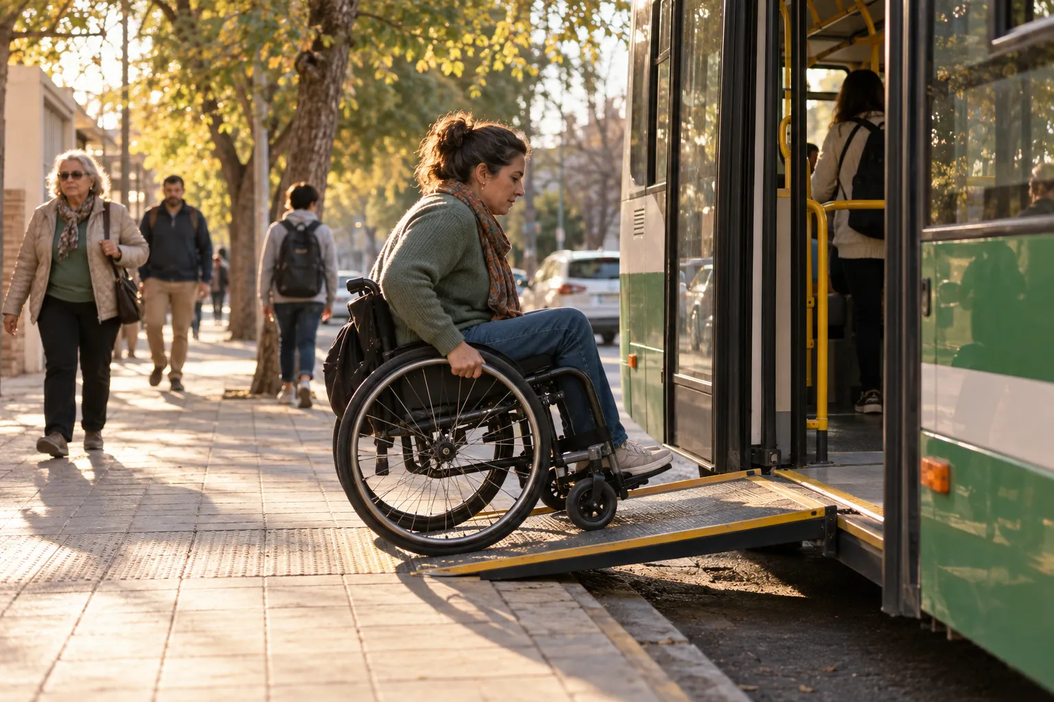 Una mujer en silla de ruedas sube por la rampa de un colectivo en una calle arbolada.