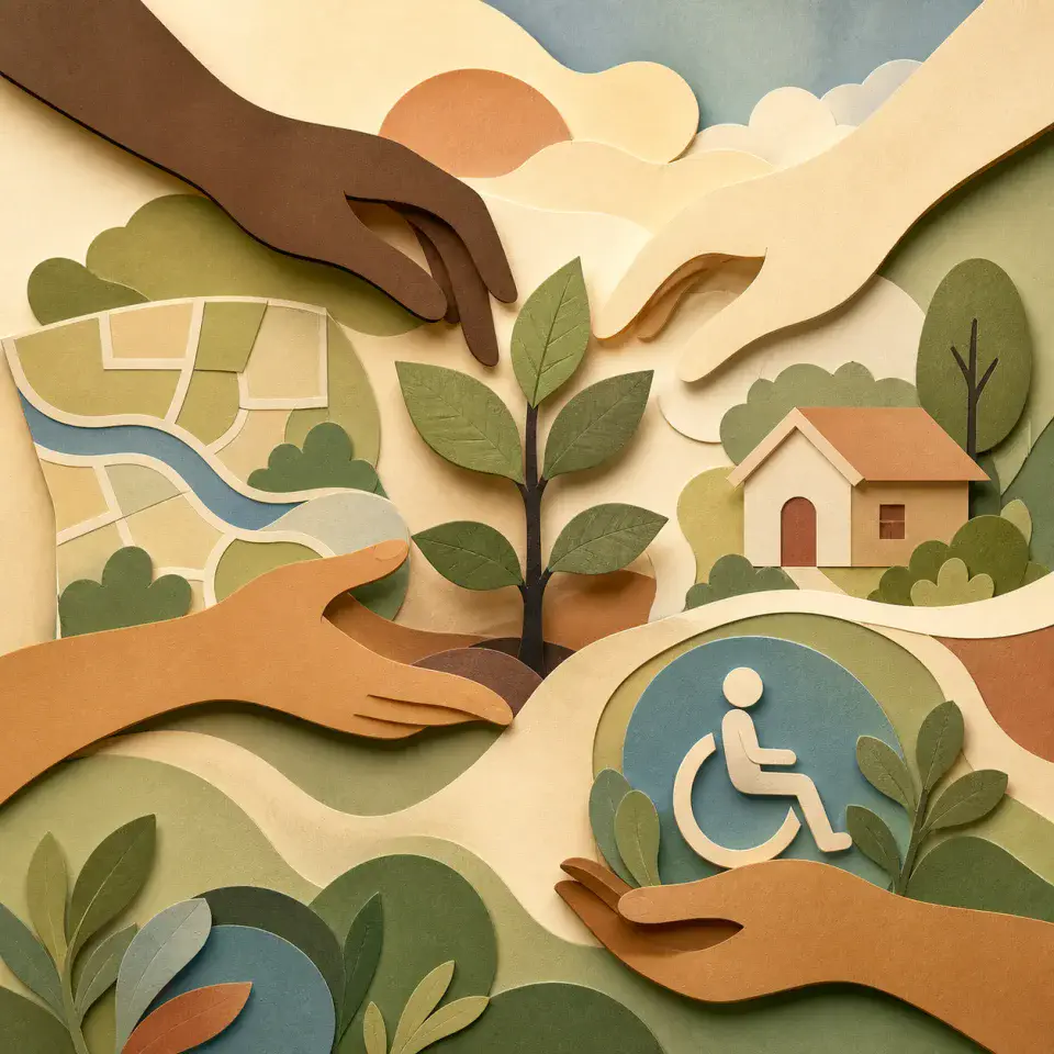 Manos diversas alrededor de una casa, un mapa y el símbolo de accesibilidad
