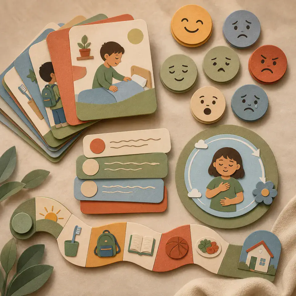 Piezas de juego táctiles sobre rutinas, emociones y respiración