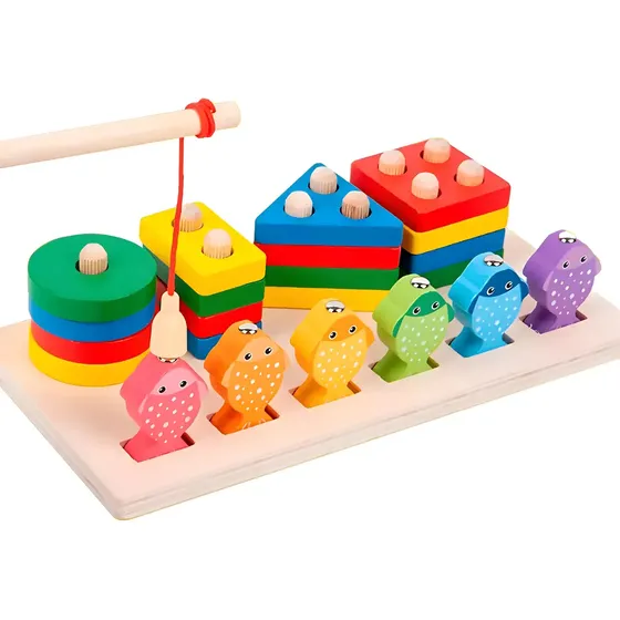 Juego Pesca + 4 Torres Encastre Madera Didactico Iman Peces Color Multicolor Tienda Cracovia juguete 2 en 1