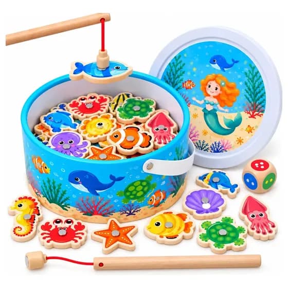 Juego De Pesca 38 Piezas Madera + 2 Cañas Didactico Balde juguete montessori estimulacion temprano motricidad fina tienda cracovia